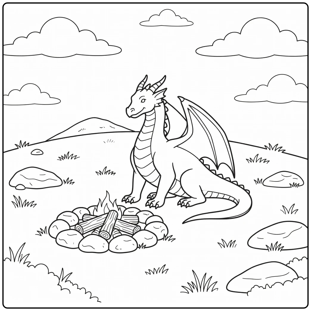 Easy realistic dragon coloring page by hilltop campfire