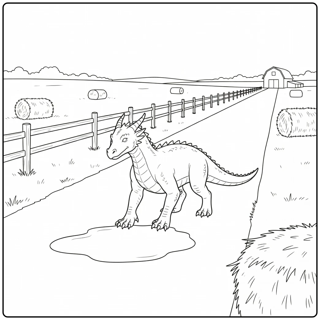 easy realistic dragon coloring page stepping over farm puddle