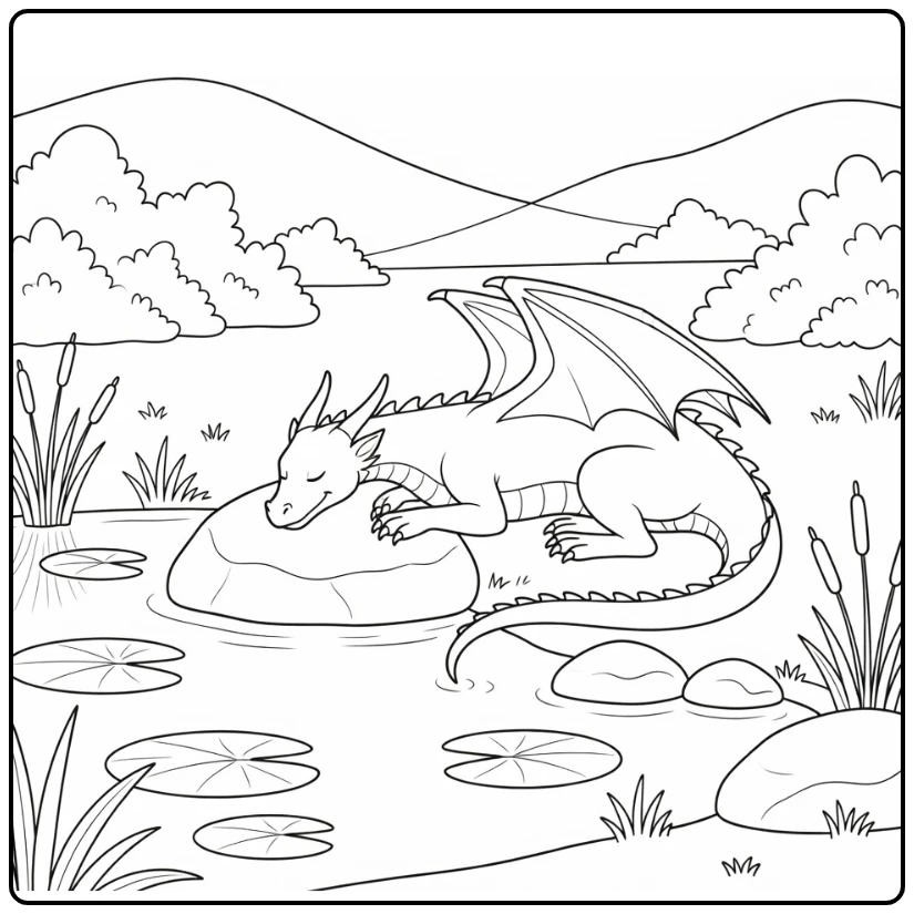 Easy realistic dragon coloring page napping by pond