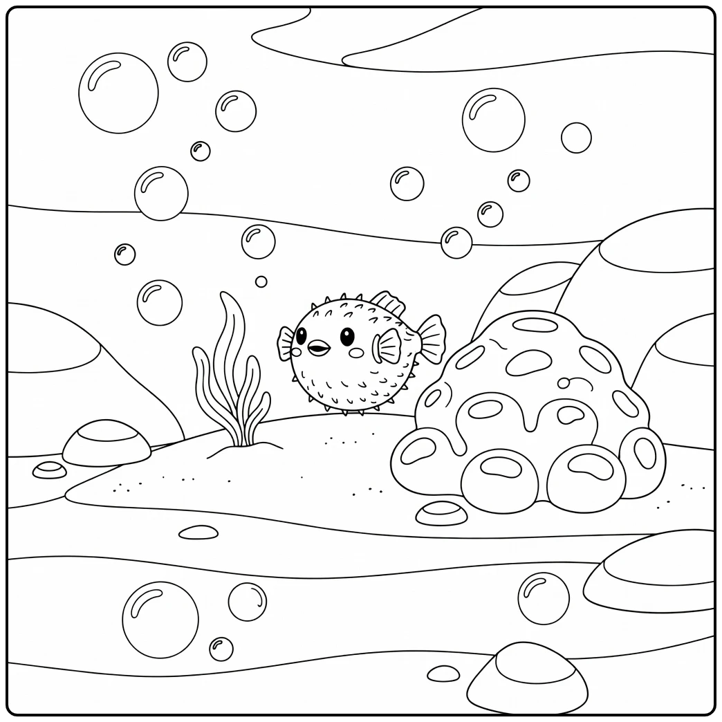 Easy sea animals coloring page: pufferfish with coral, leaf plant