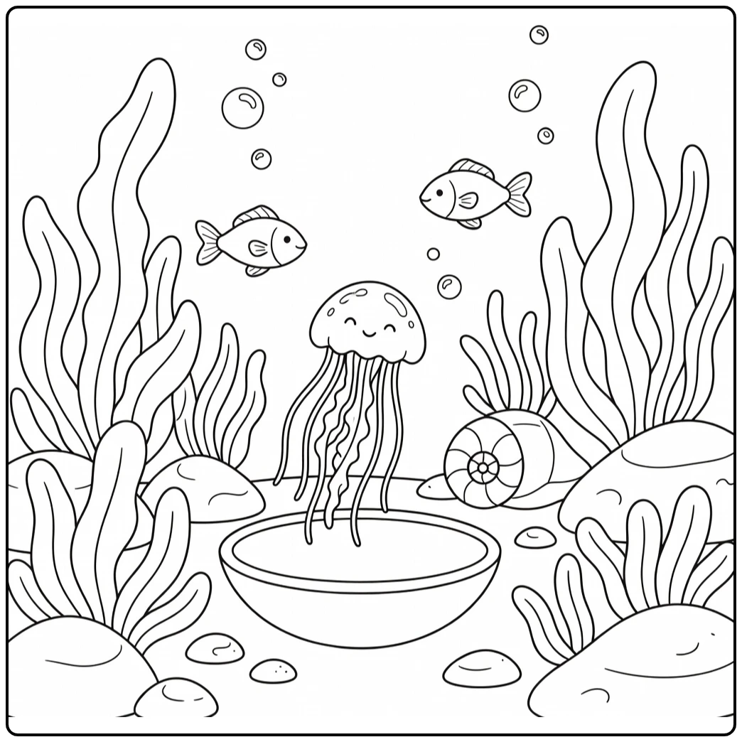 Easy sea animals coloring page: jellyfish, fish, kelp, shells