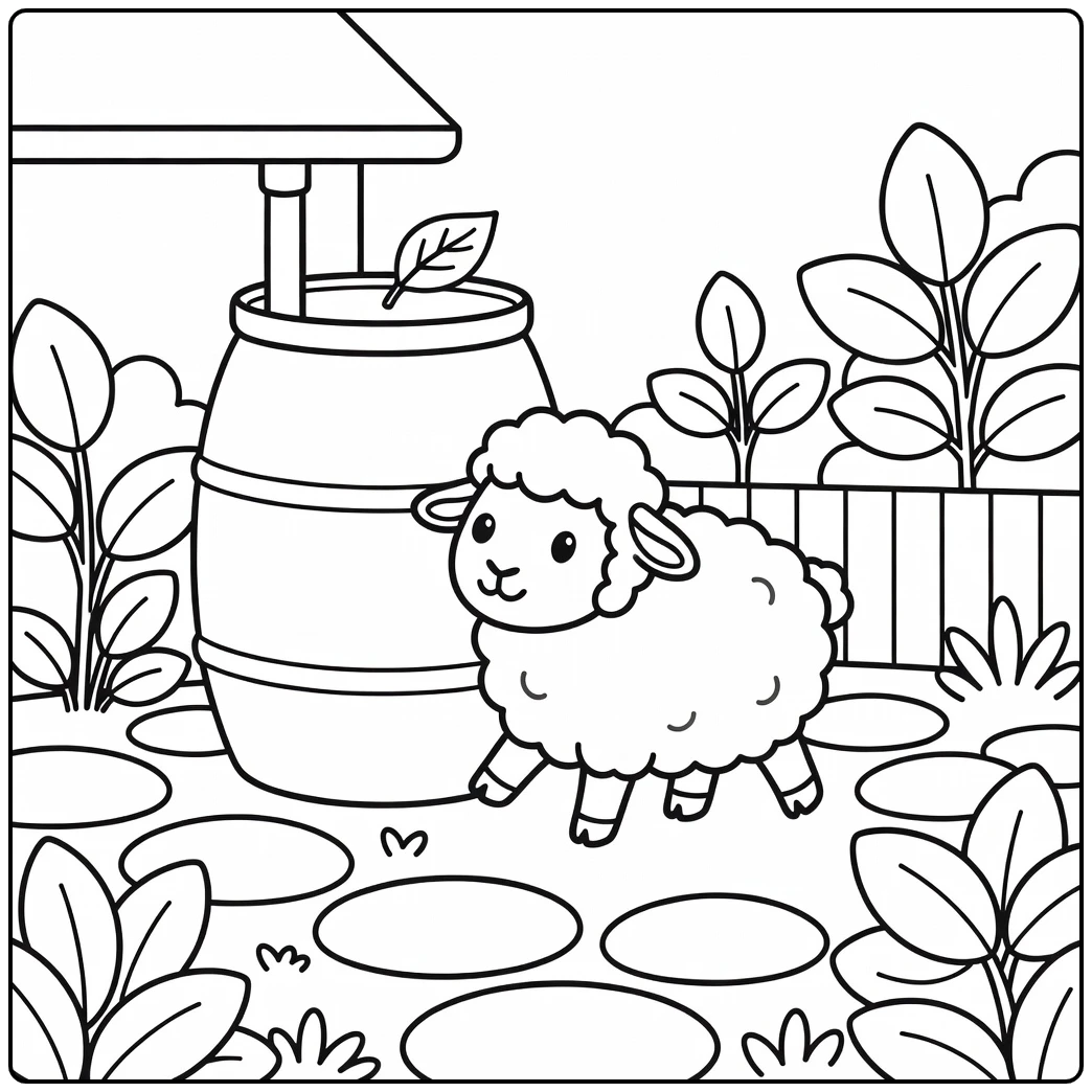 Easy sheep coloring page in backyard farm with rain barrel