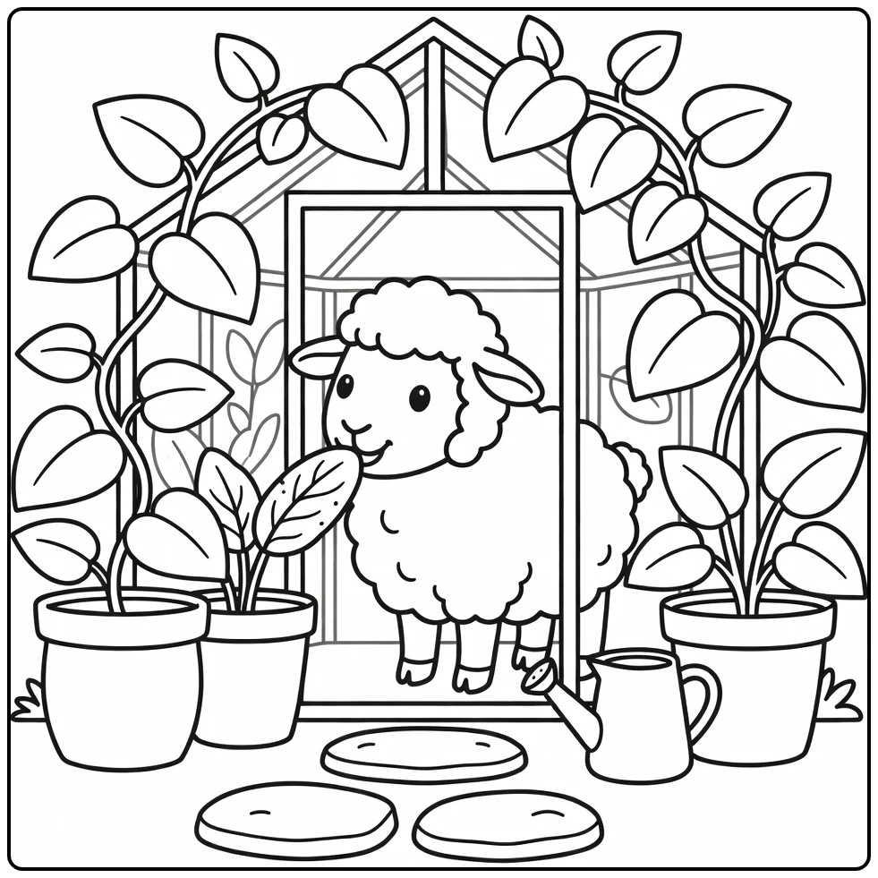 Easy sheep coloring page at greenhouse doorway