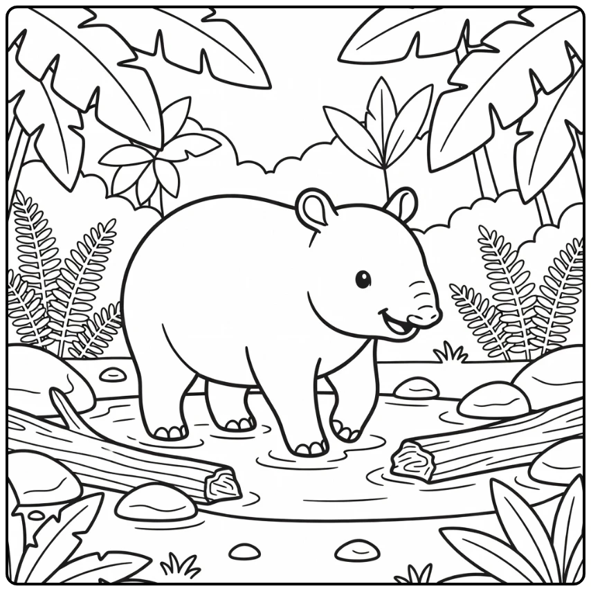 Easy wild animal coloring page: tapir in jungle puddle