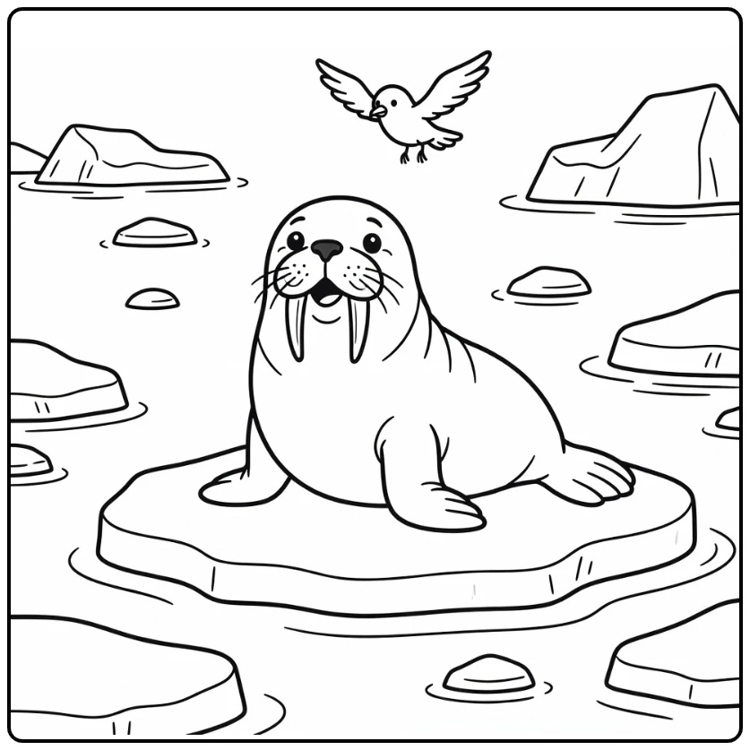 Easy wild animal coloring page: walrus eyes seabird on ice floe