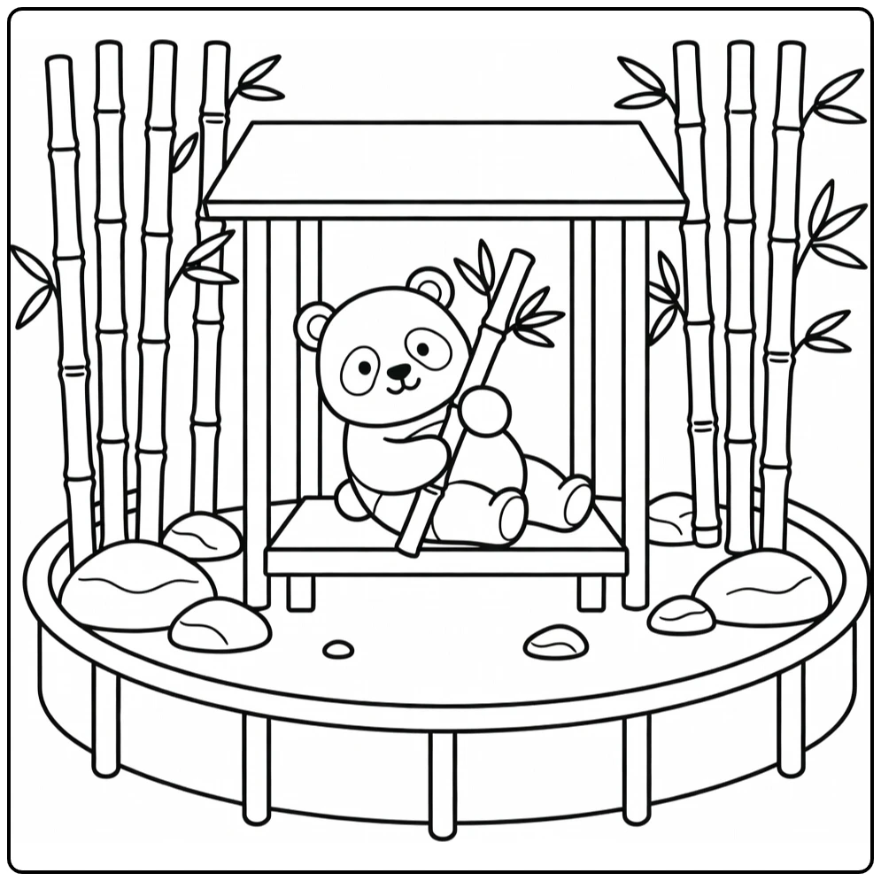 Easy zoo coloring page: panda hugging bamboo in habitat