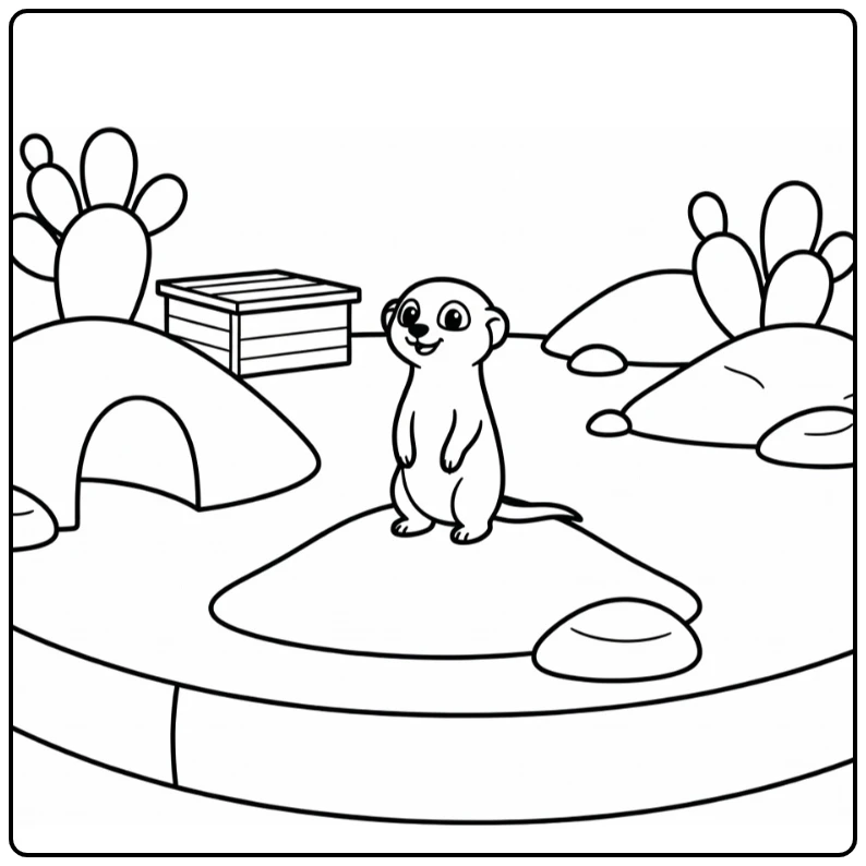 Easy zoo coloring page: meerkat upright on sandy mound in desert habitat