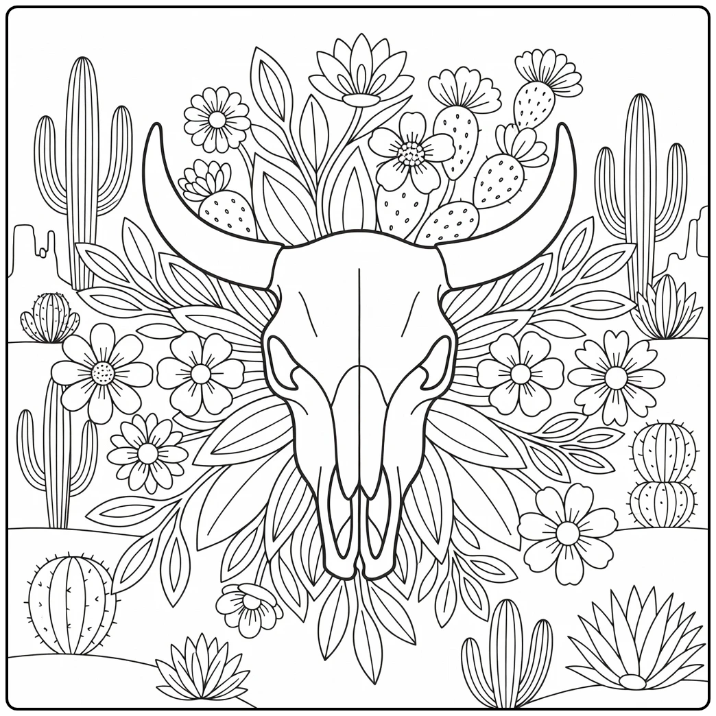 Cow skull coloring pages with desert flowers & leaves