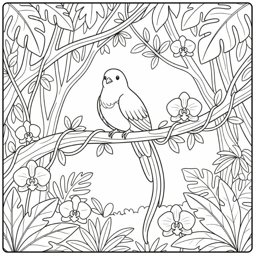 Quetzal bird on vine jungle animals coloring page