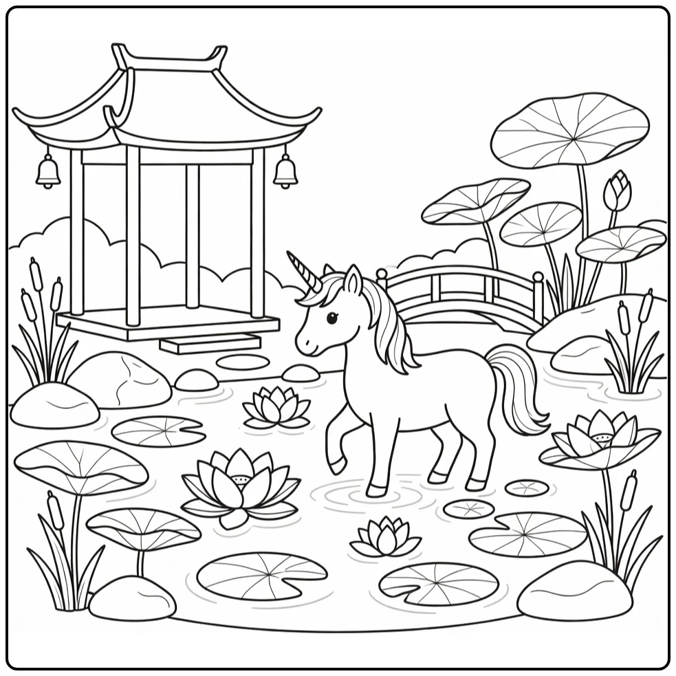 Unicorn coloring pages for adults: unicorn at lotus pond