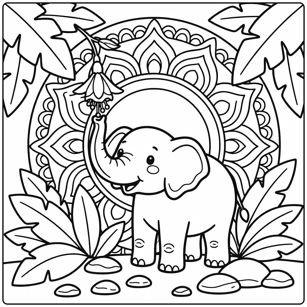 Animal mandala coloring pages: elephant trunk to bell flower