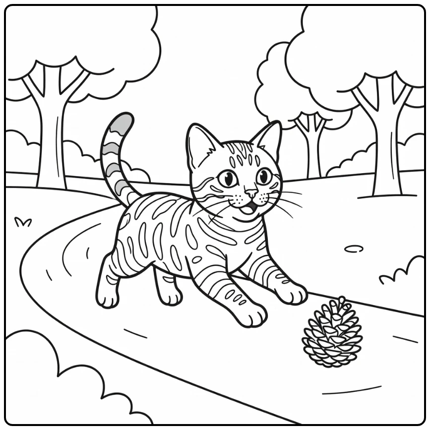 Bengal cat chasing pinecone on path - bengal cat coloring pages
