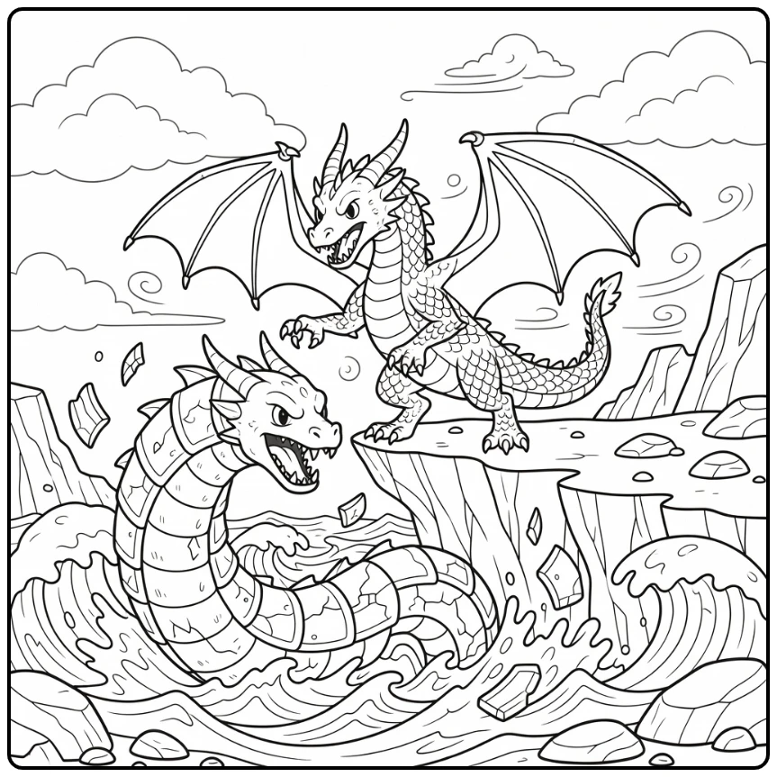 Dragon fighting coloring page: western dragon vs sea serpent