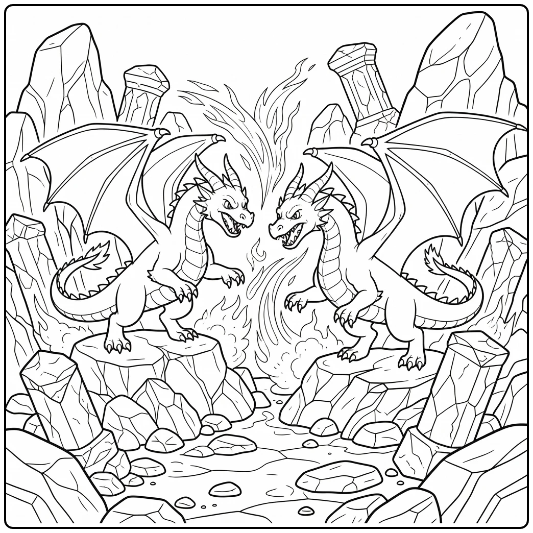 Dragon fighting coloring page: two western dragons clash in volcanic arena