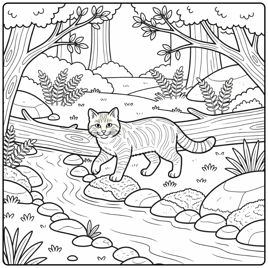 Wildcat Crossing Brook Woodland Animal Coloring Page