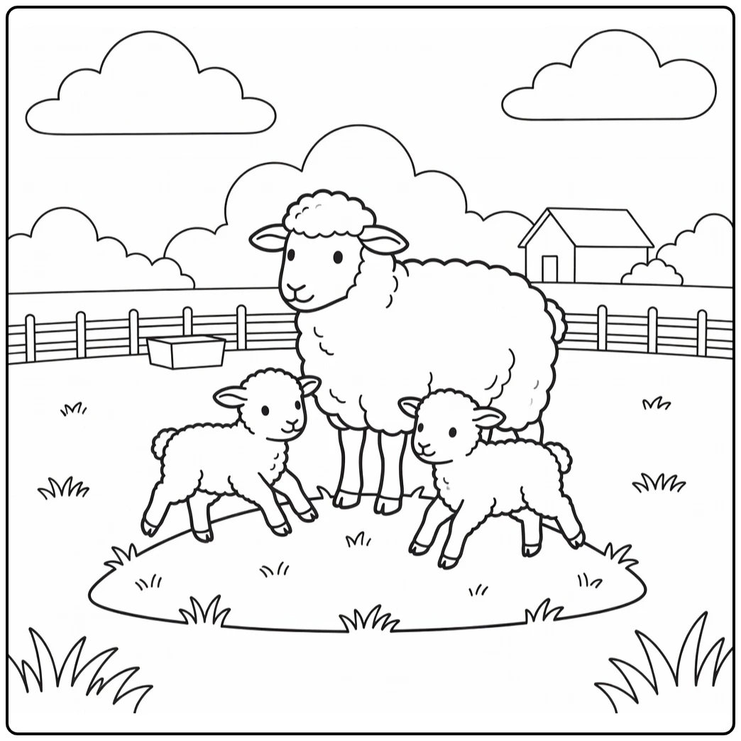 Farm animal coloring page: ewe watches lambs jump grassy mound