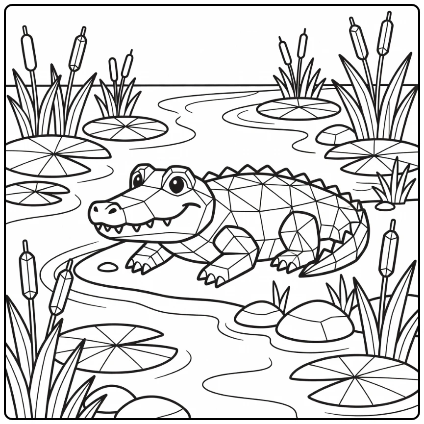 Geometric animal coloring page: faceted crocodile by riverbank