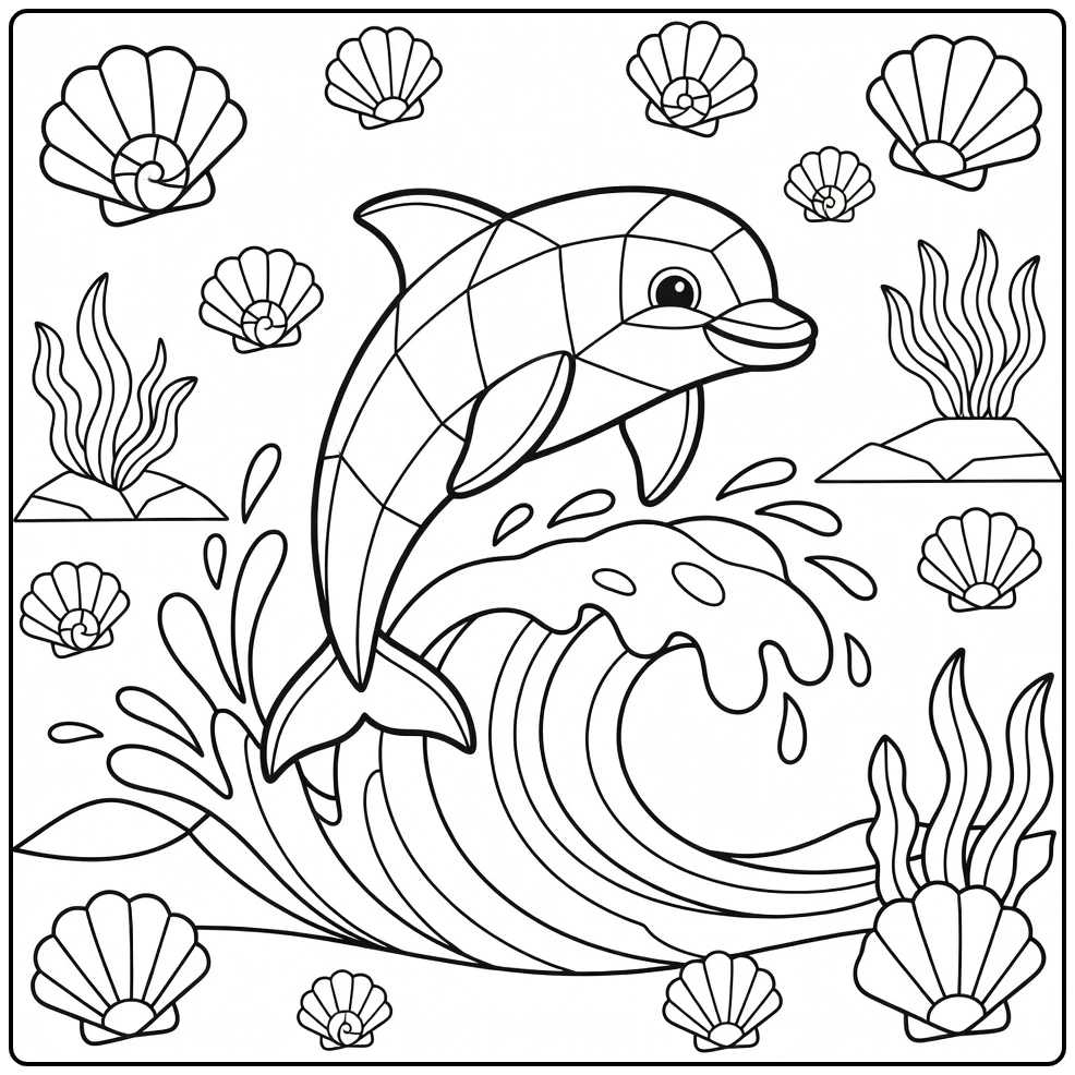 Geometric animal coloring page: faceted dolphin leaping over curling wave