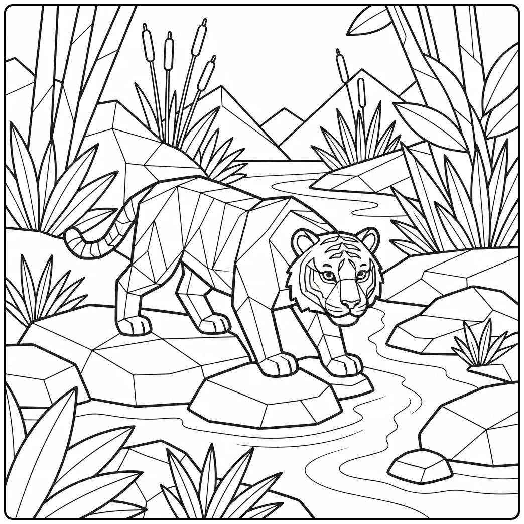 Geometric tiger crossing angular stones to stream, geometric animal coloring page