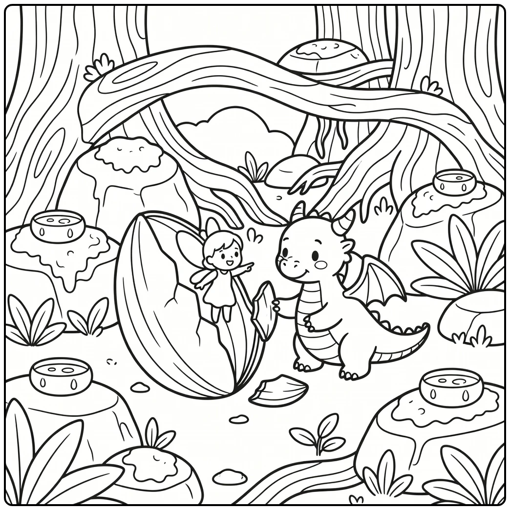 Fairy and dragon coloring page: fairy points at cracked seed shell