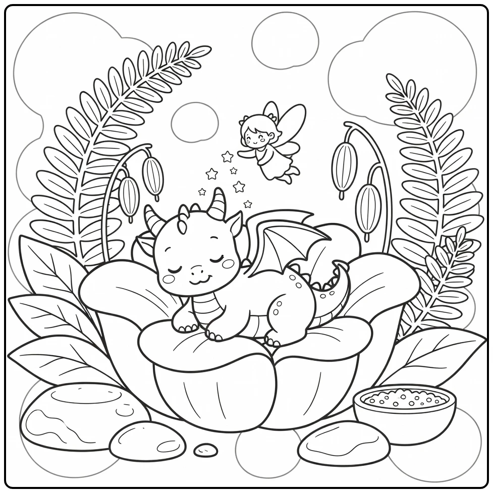 Fairy and dragon coloring page: tiny fairy dusts sleepy baby dragon