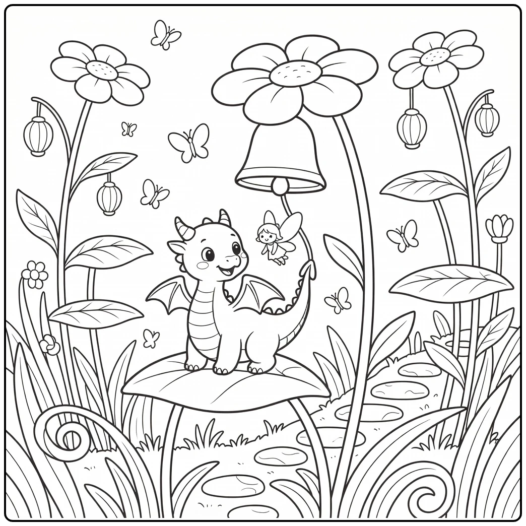 Fairy and dragon coloring page: curious dragon rings flower bell
