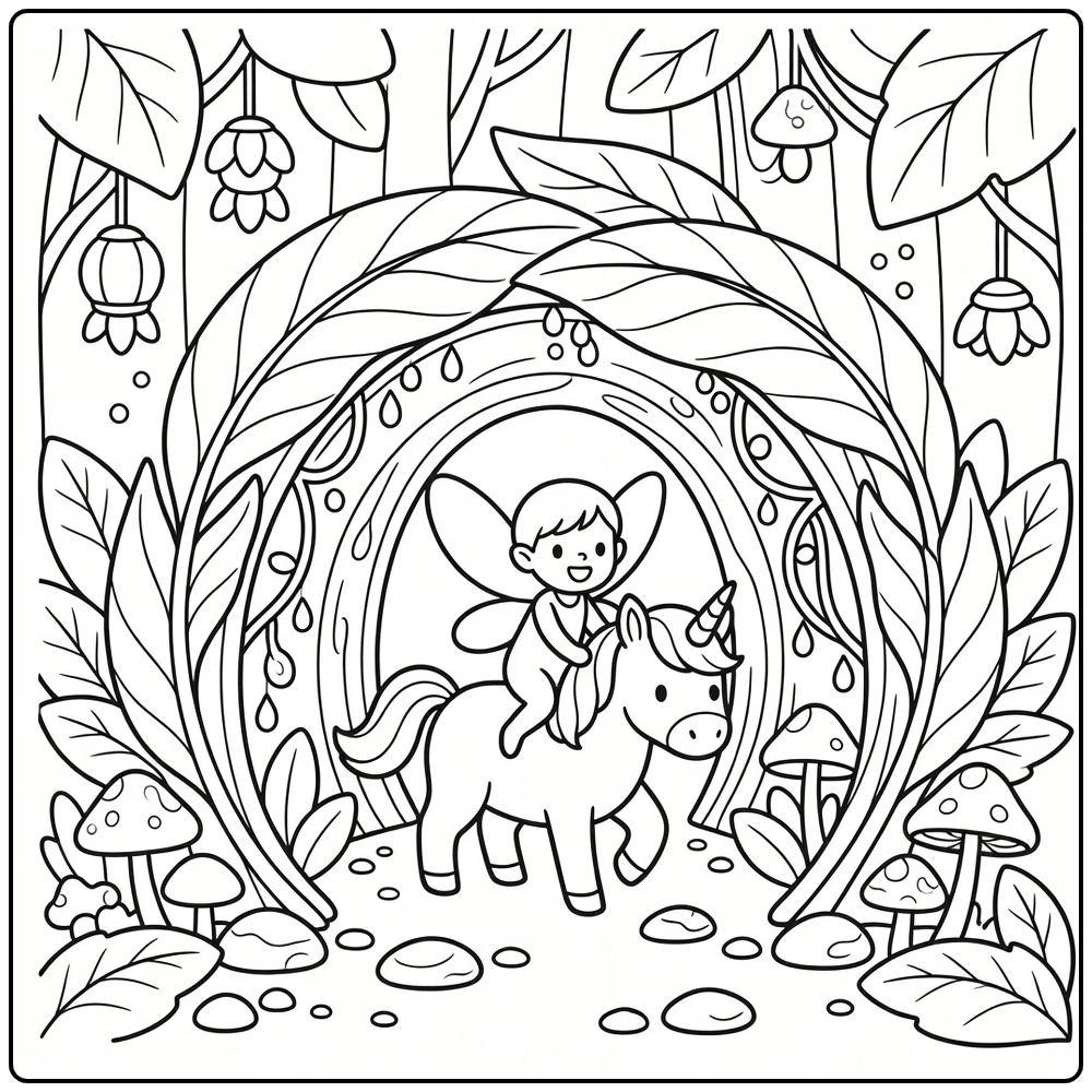Fairy riding unicorn coloring page in magical leaf tunnel