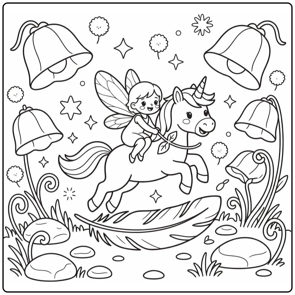 Fairy riding unicorn coloring page leaping over giant feather