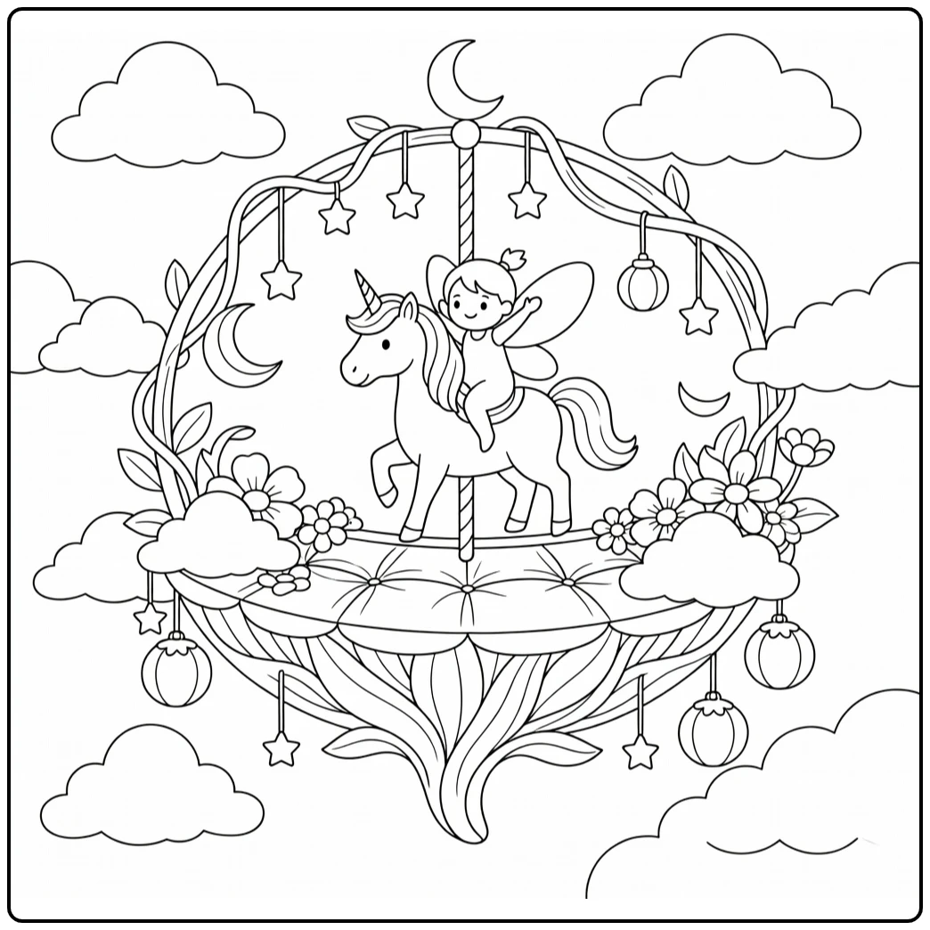 Fairy riding unicorn coloring page on flower moon carousel