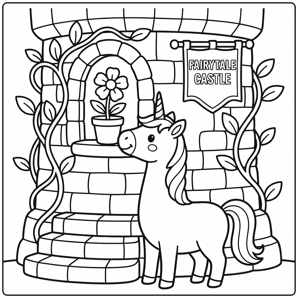 Cute unicorn sniffing flower on tower unicorn coloring pages