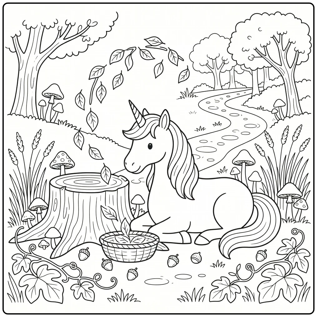 Fall unicorn coloring page: resting by stump, leaves in basket