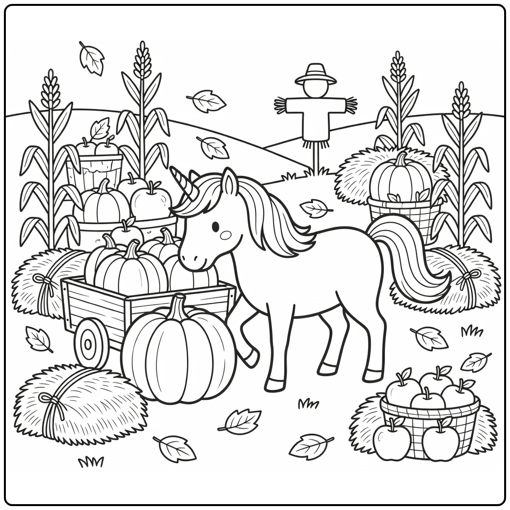 Fall unicorn coloring page: playful unicorn nudges pumpkin