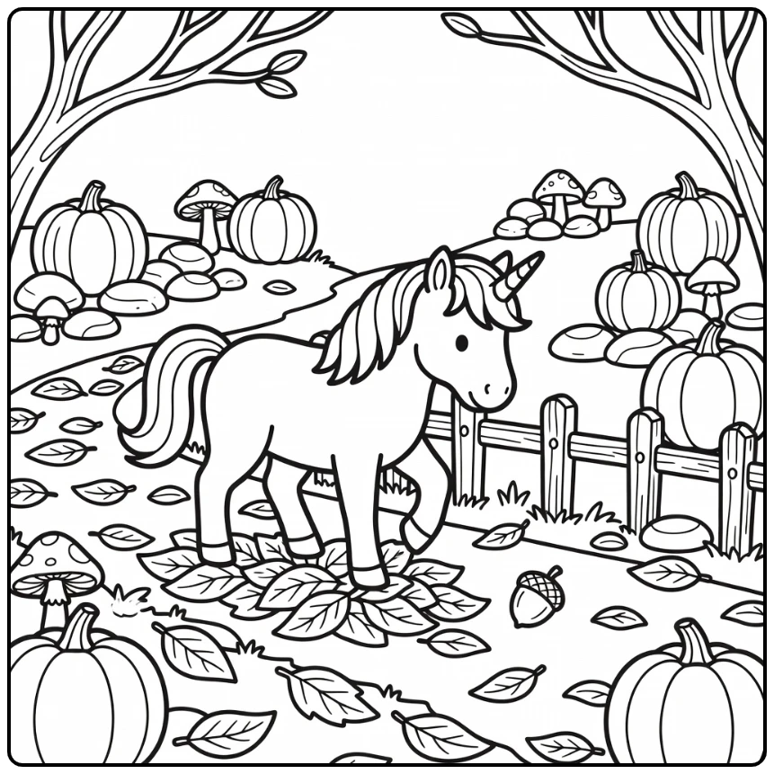 Fall unicorn coloring page: woodland path, acorn, leaves