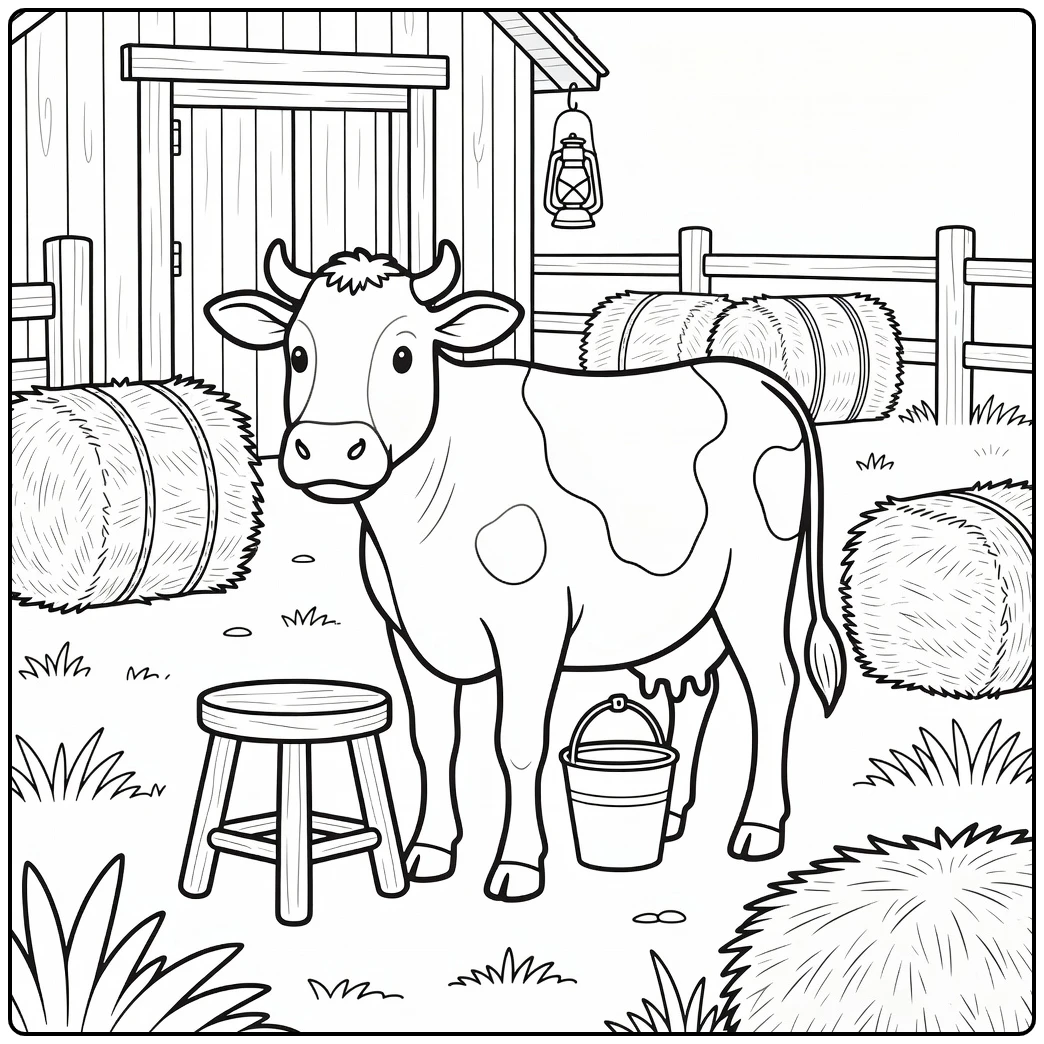 Dairy cow by milking stool farm animal coloring page