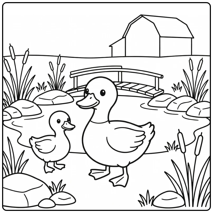 Duck waddling with duckling by pond farm animal coloring page