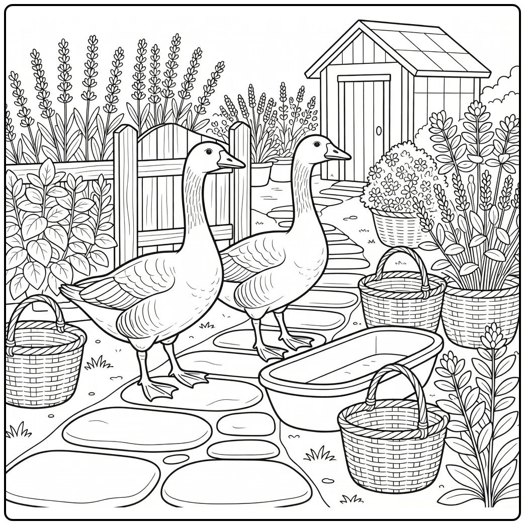 Farm animal coloring page for adults: geese by herb garden path