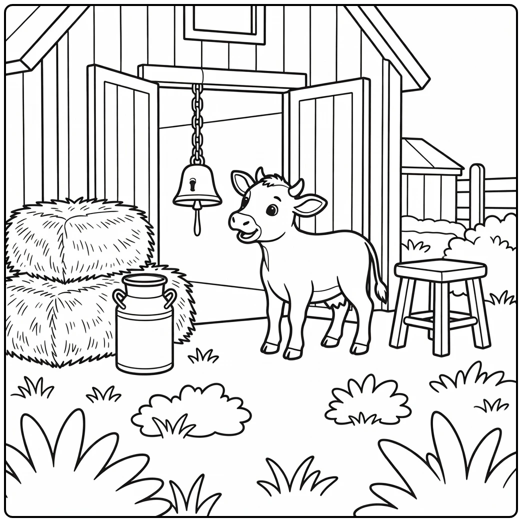 Farm animal coloring page for kids: curious calf at bell