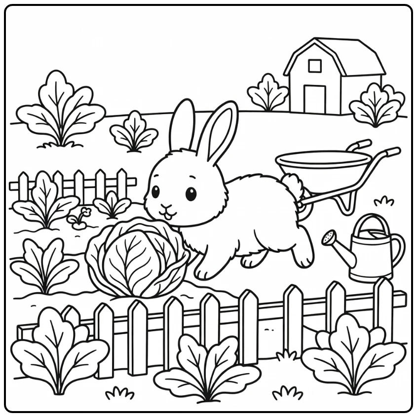 Farm animal coloring page for kids: fluffy rabbit sniffing cabbage