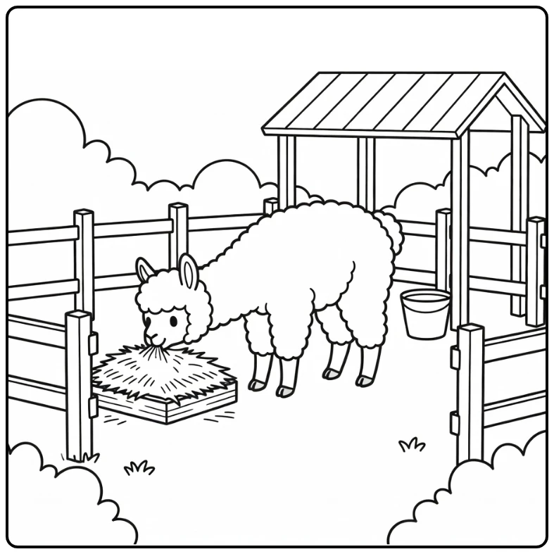 Farm animal coloring page for kids: alpaca nibbling hay in paddock