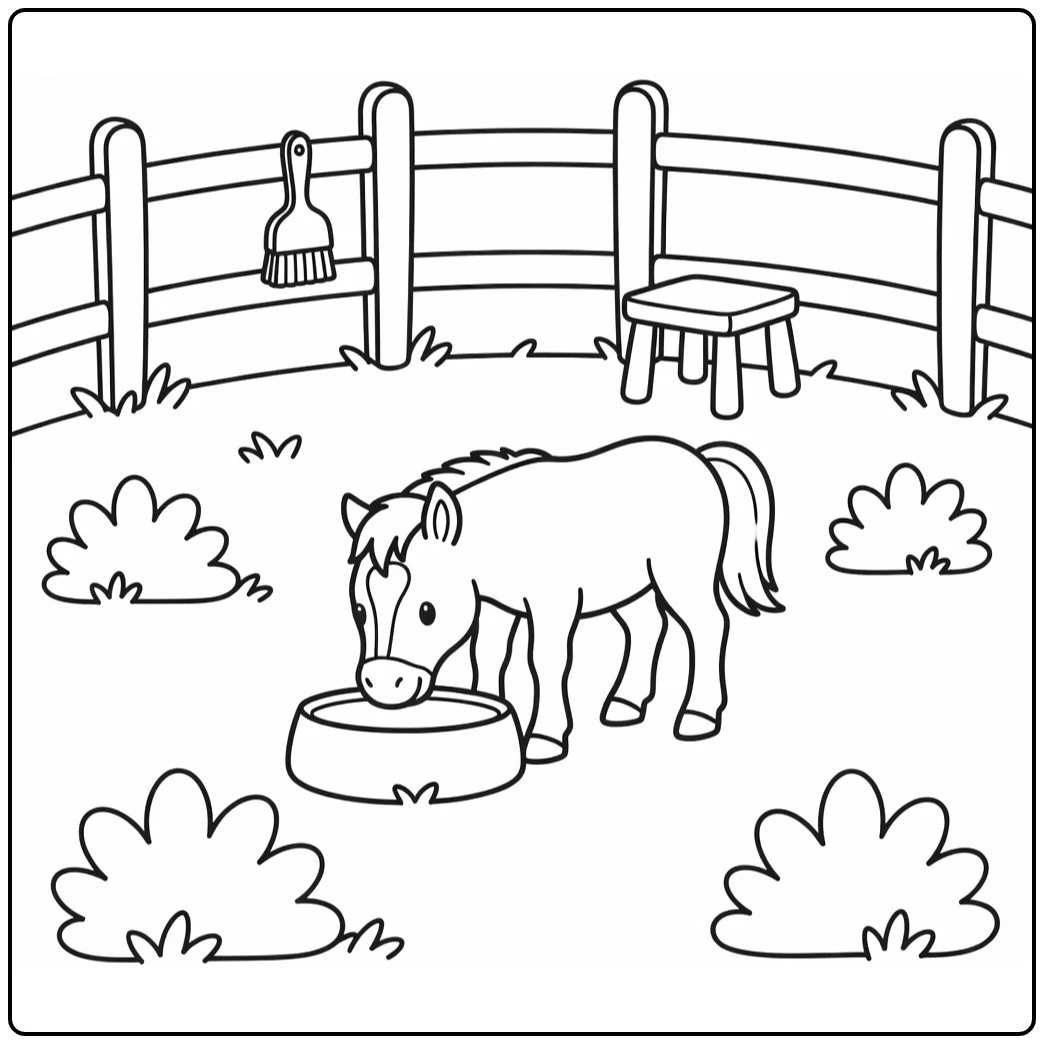 Farm animal coloring page for toddlers: baby pony munching from feed bin