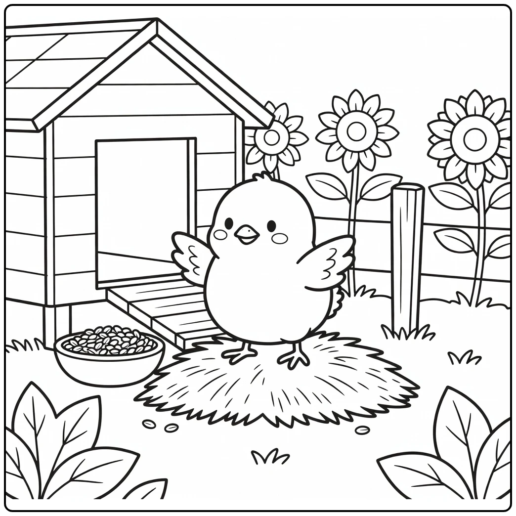 Farm animal coloring page for toddlers: chick flaps wings
