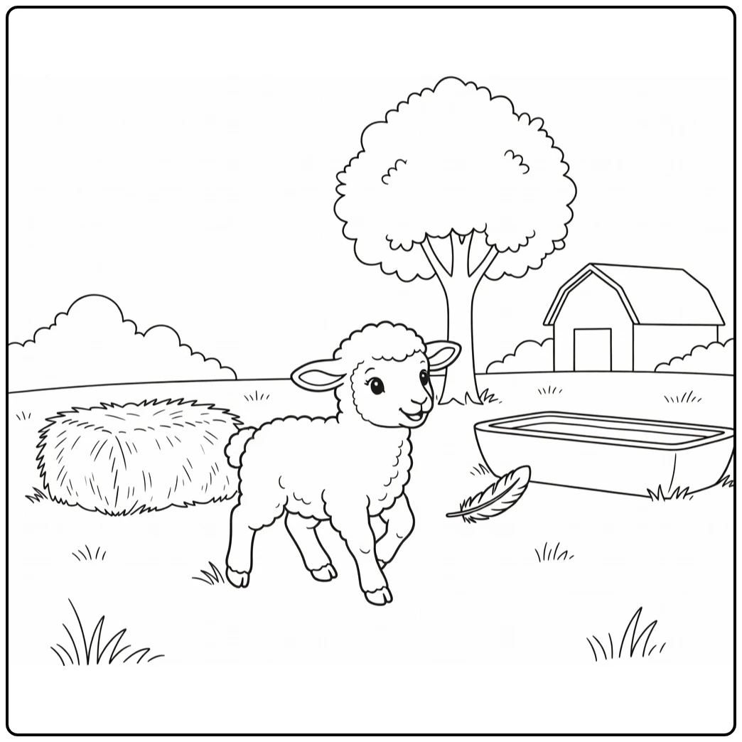 farm animal coloring page for toddlers: lamb chasing feather