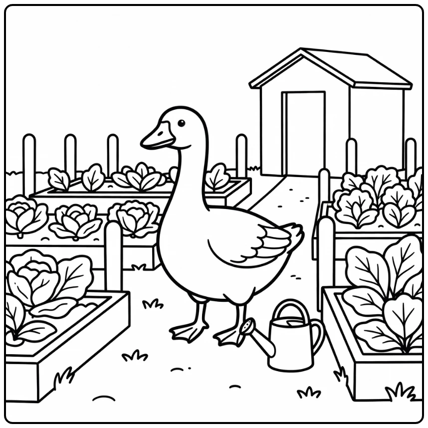 Goose in veggie garden path farm animal coloring page