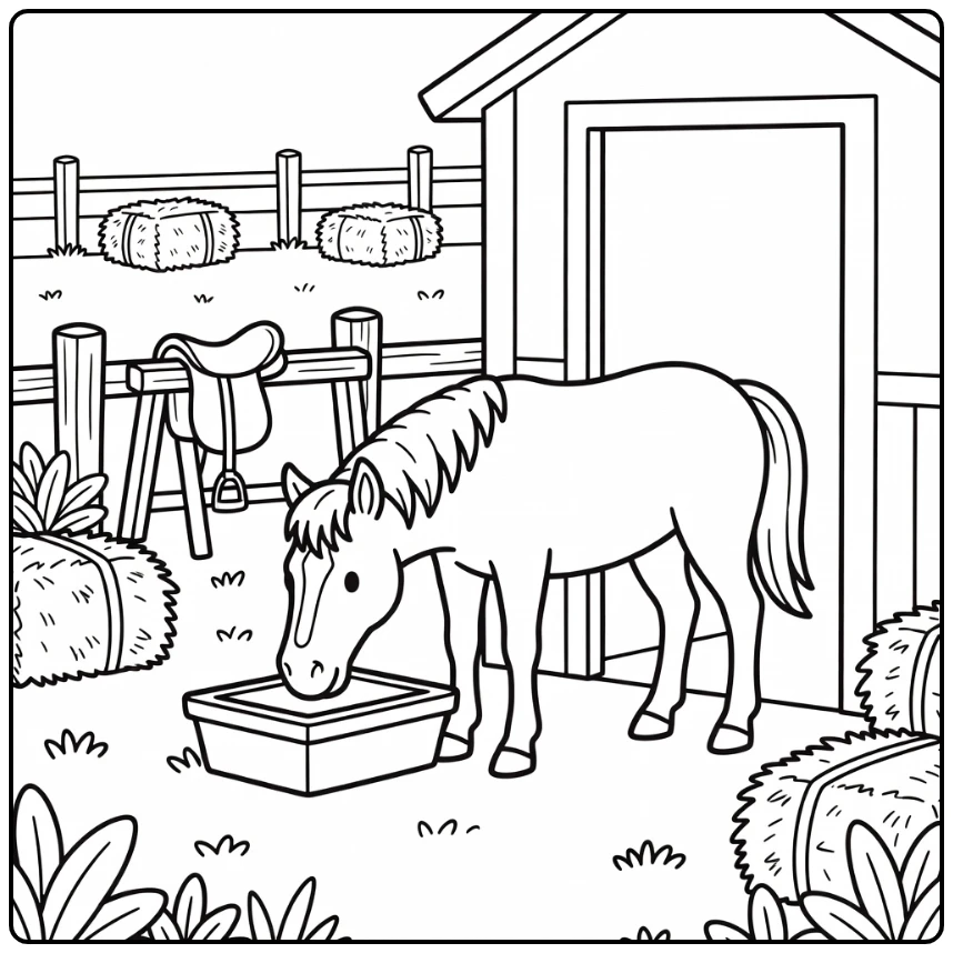 Horse drinking from trough farm animal coloring page