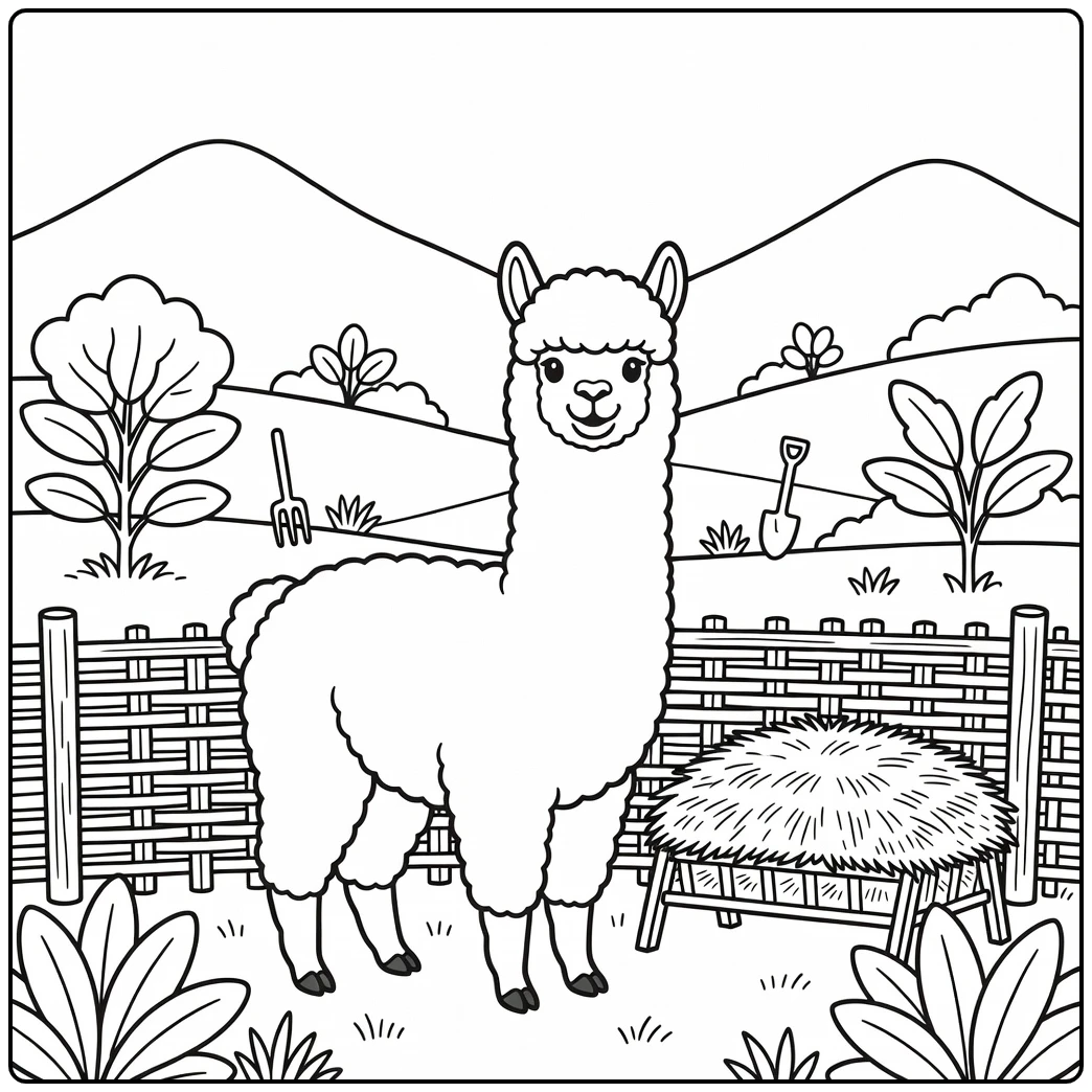 Cute farm animal coloring page: alpaca by fence & hay rack