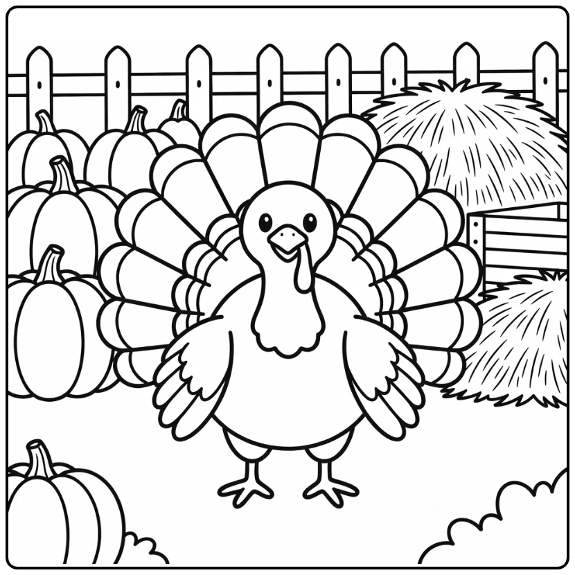 Farm animal coloring page: turkey fanning tail in barnyard with pumpkins, hay (58 chars)