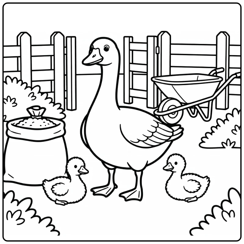 Alert goose with goslings by farm gate, farm animal coloring page