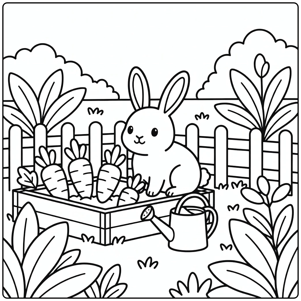 Farm animal coloring page: rabbit by garden bed, carrots, watering can