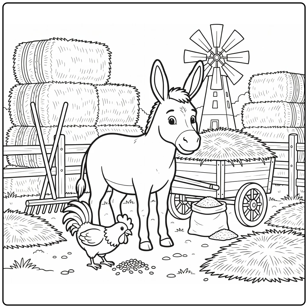 Farm animals coloring page: donkey by hay wagon, rooster pecking