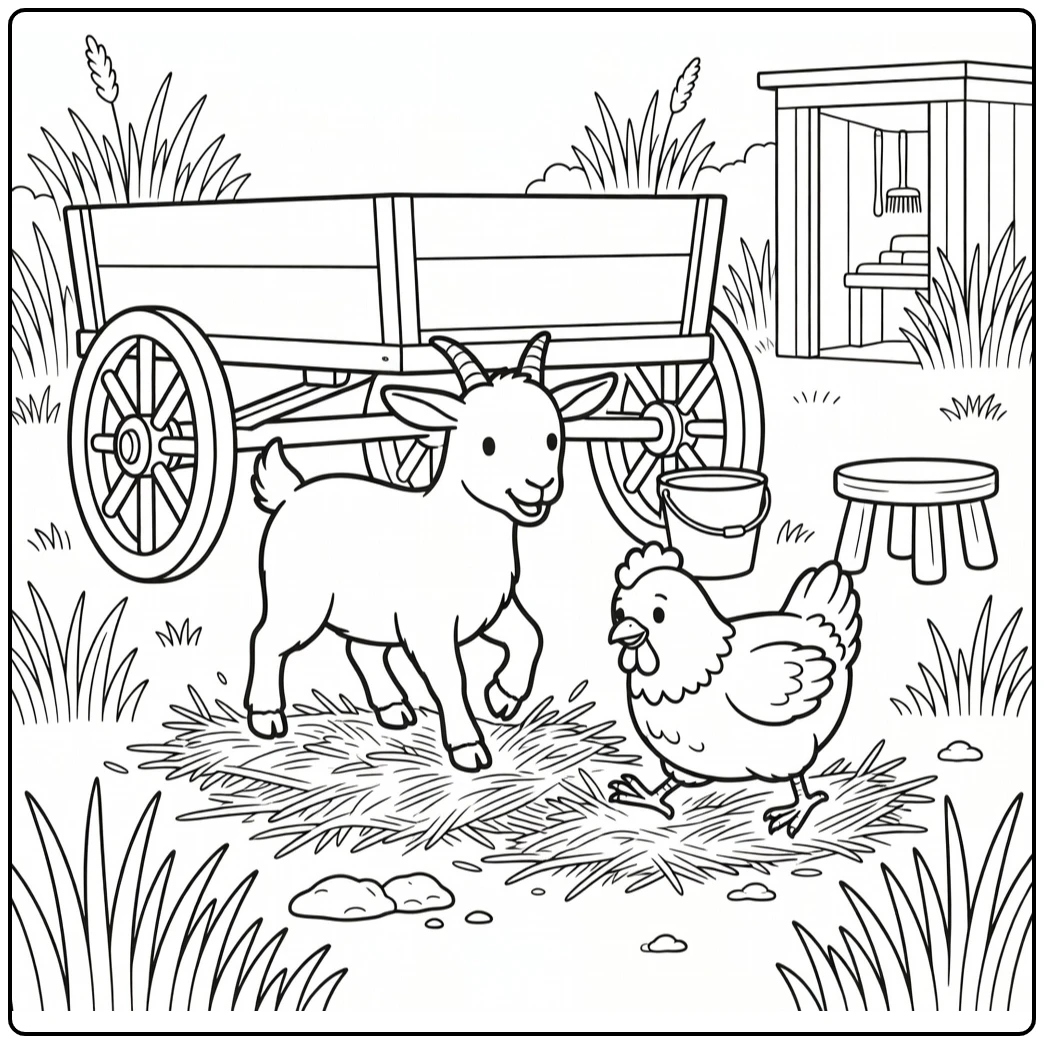 Farm animals coloring page: goat under wagon, chicken nearby